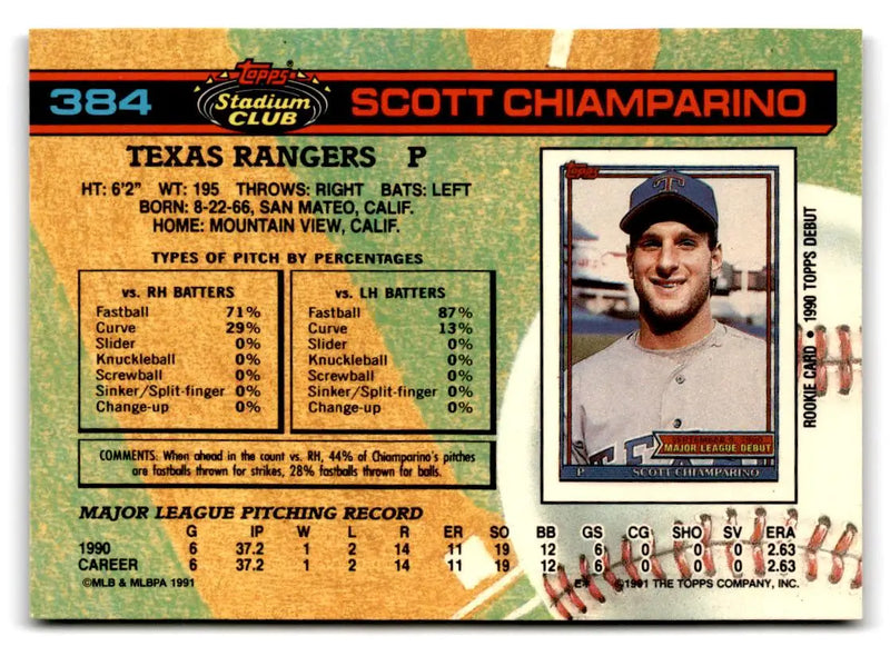 Baseball card back of 1991 Stadium Club #384 Scott Chiamparino trading card