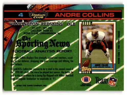 1991 Stadium Club #4 Andre Collins Washington Redskins Football Card original gloss