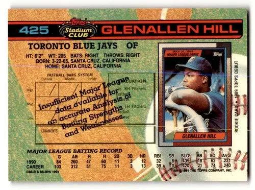 Original gloss Glenallen Hill Toronto Blue Jays baseball card from 1991 Stadium Club