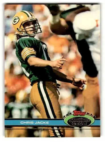 Chris Jacke football card from 1991 Stadium Club featuring original gloss and Green Bay Packers