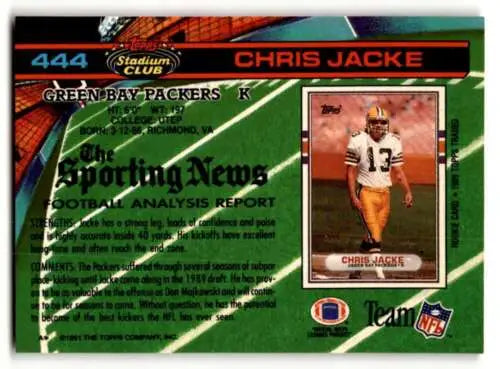 Chris Jacke Green Bay Packers football card 1991 Stadium Club original gloss ID 60252