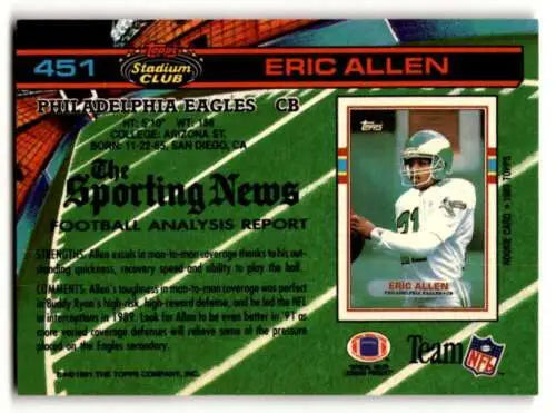 1991 Stadium Club #451 Eric Allen Philadelphia Eagles Football Card Original Gloss