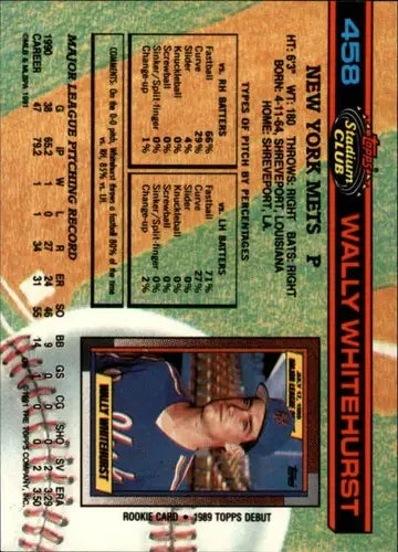Baseball card back from 1991 Stadium Club Wally Whitehurst Mets with original gloss