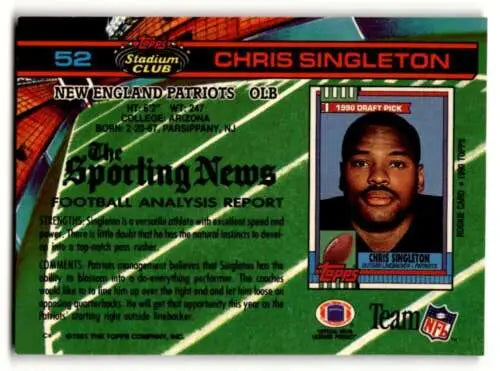 Chris Singleton 1991 Stadium Club football card featuring original gloss, New England Patriots