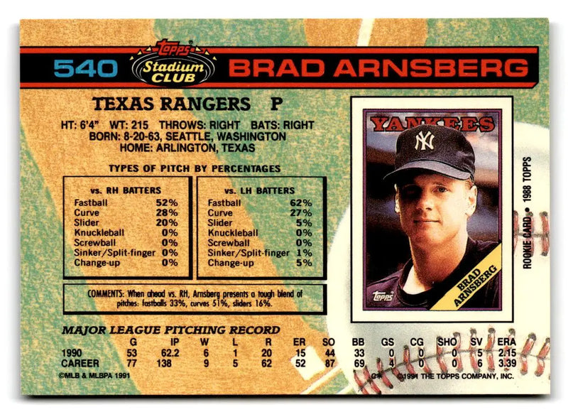 1991 Stadium Club #540 Brad Arnsberg - Baseball Card Single
