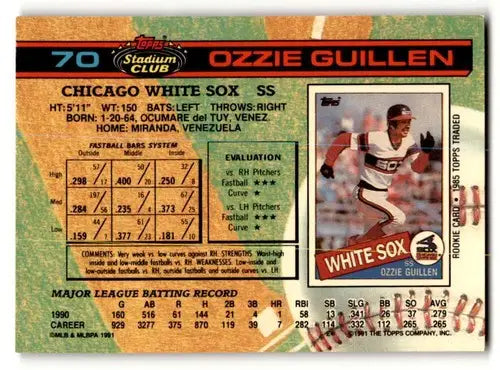 Ozzie Guillen Chicago baseball card from 1991 Stadium Club #70 featuring Chicago White Sox
