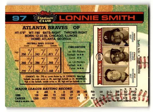 Original gloss of 1991 Stadium Club Lonnie Smith Atlanta Braves baseball card back