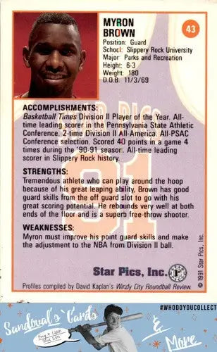 Myron Brown 1991 Star Pics basketball card with original gloss collectible
