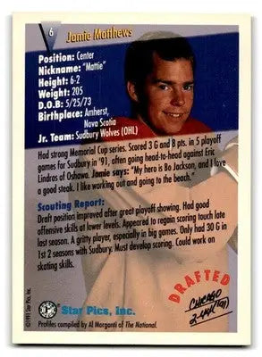 1991 Star Pics #6 Jamie Matthews - Hockey Card Single