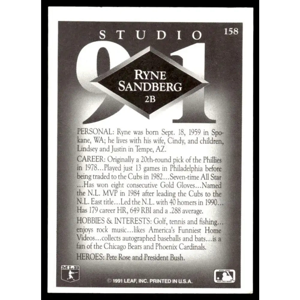1991 Studio #158 Ryne Sandberg EX Chicago Cubs Baseball Card - Baseball Card Single