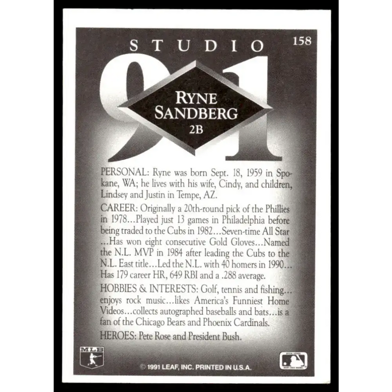 1991 Studio #158 Ryne Sandberg EX Chicago Cubs Baseball Card - Baseball Card Single