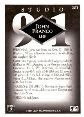John Franco baseball card from 1991 Studio series, perfect for Franco baseball card collectors