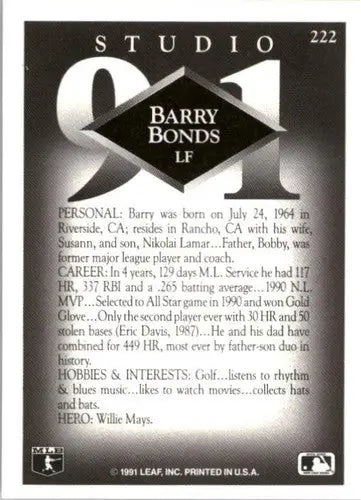 Original gloss 1991 Studio Barry Bonds NM-MT baseball card featuring Barry Bonds Pirates