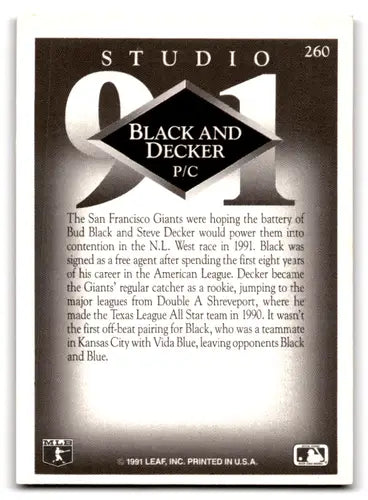 Baseball card back with original gloss of 1991 Studio Bud Black Steve Decker Giants