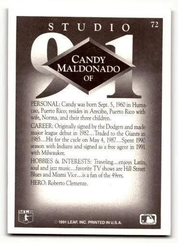 1991 Studio #72 Candy Maldonado Milwaukee Brewers Baseball Cards EX/ ID:59547 - Baseball Card Single