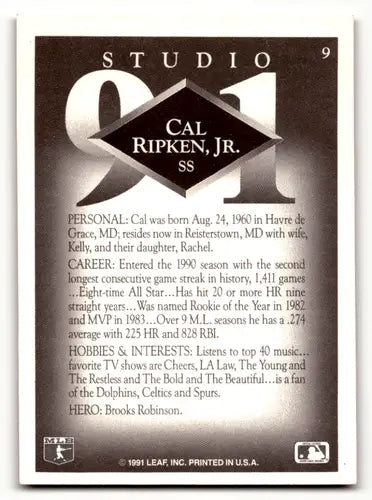 1991 Studio #9 Cal Ripken Jr. EX/NM Orioles ID:64101 - Baseball Card Single