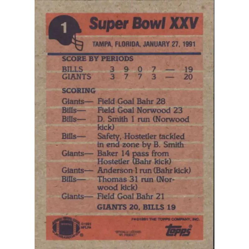 1991 Topps #1 Super Bowl XXV SBXXV NM-MT New York Giants/Buffalo Bills Football Card - Football Card Single