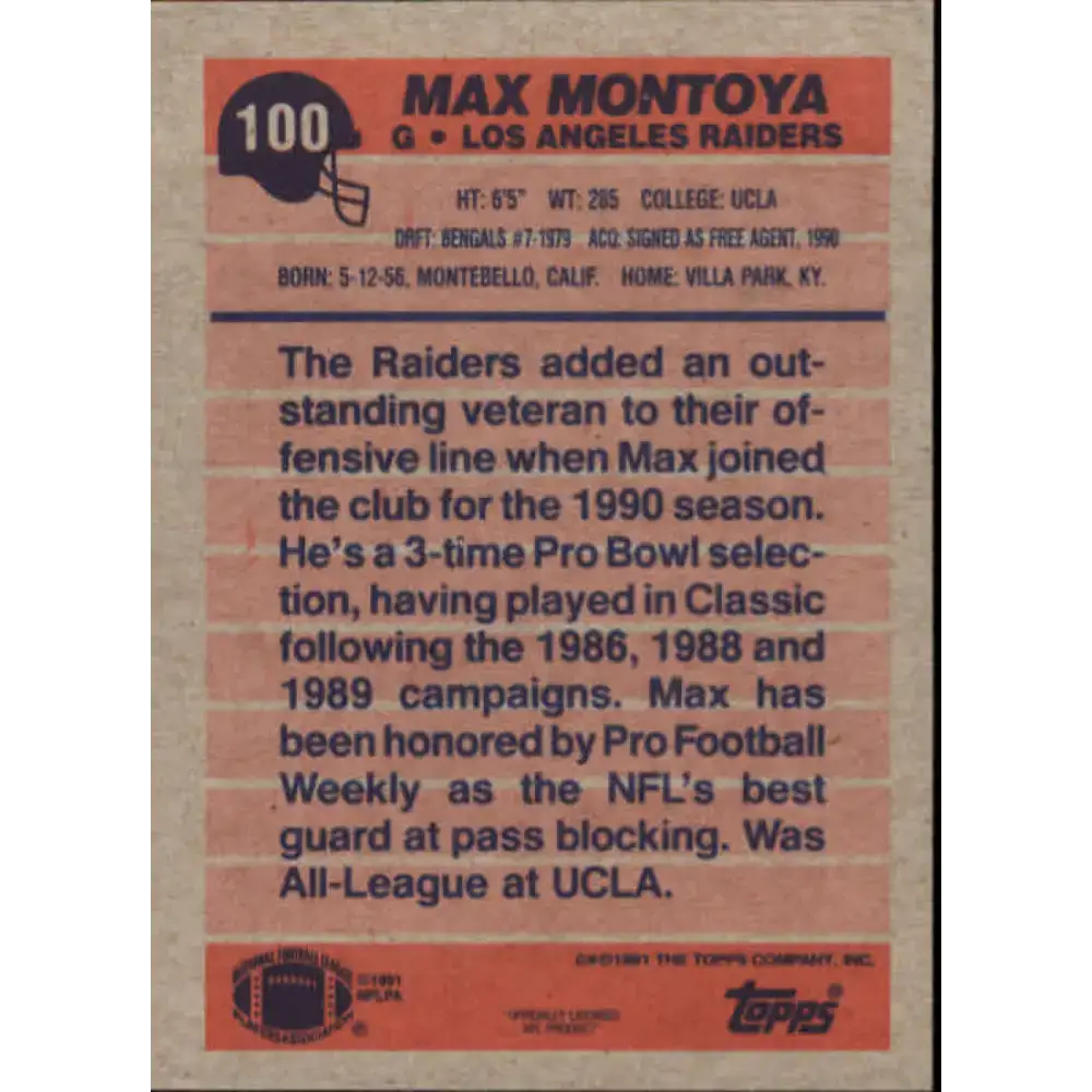 1991 Topps #100 Max Montoya NM-MT Los Angeles Raiders Football Card - Football Card Single