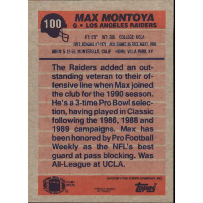 1991 Topps #100 Max Montoya NM-MT Los Angeles Raiders Football Card - Football Card Single