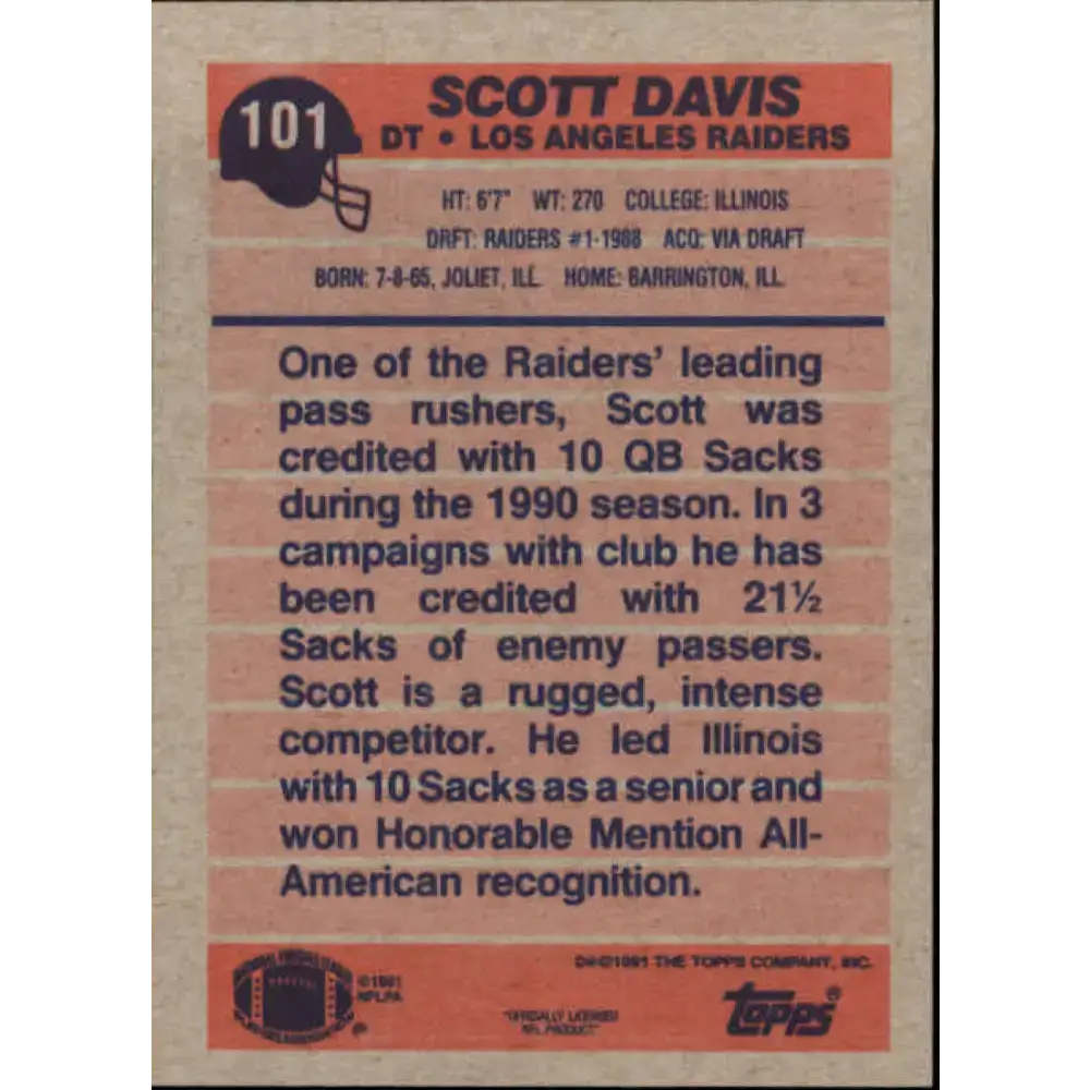 1991 Topps #101 Scott Davis NM-MT Los Angeles Raiders Football Card - Football Card Single