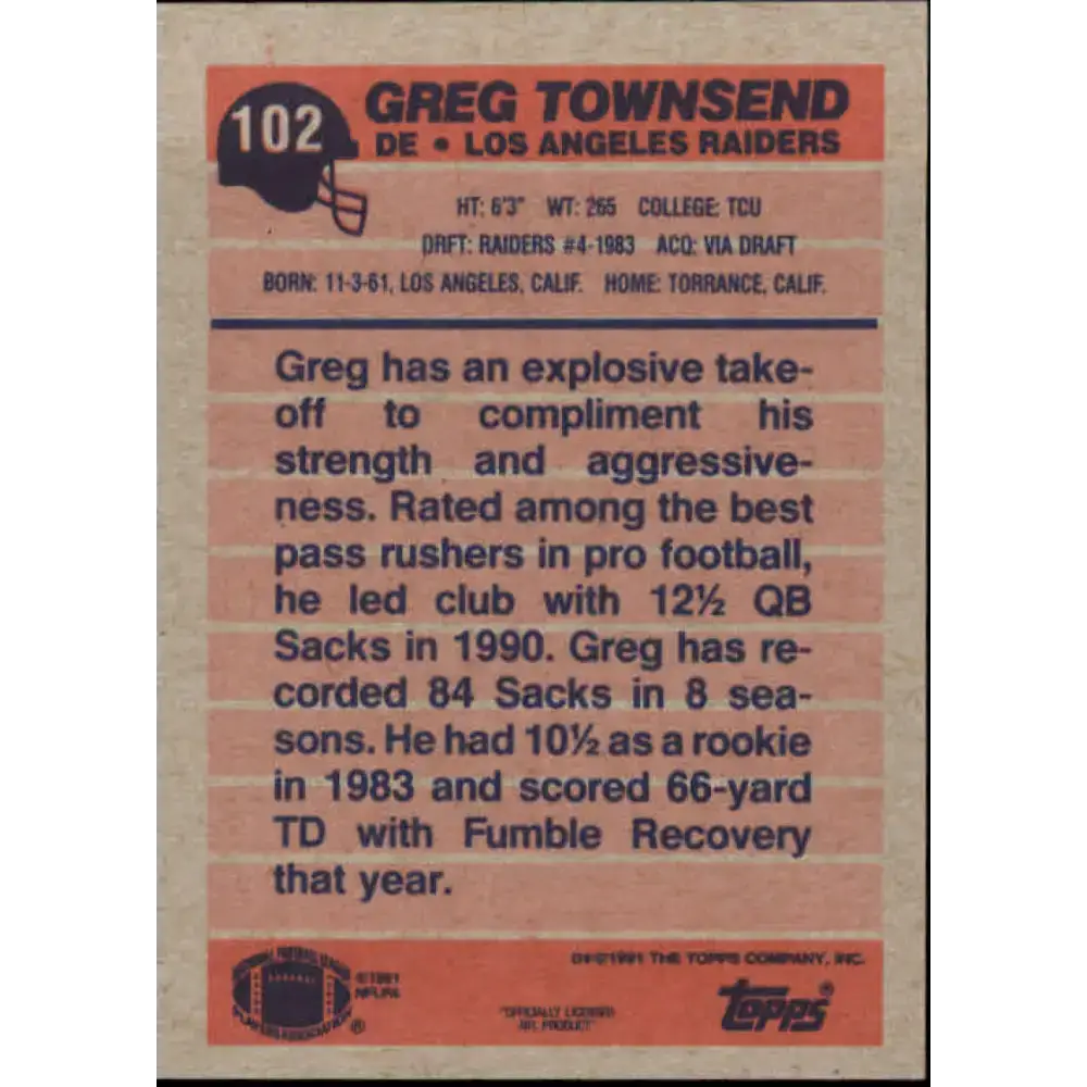 1991 Topps #102 Greg Townsend NM-MT Los Angeles Raiders Football Card - Football Card Single