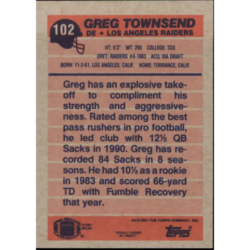 1991 Topps #102 Greg Townsend NM-MT Los Angeles Raiders Football Card - Football Card Single