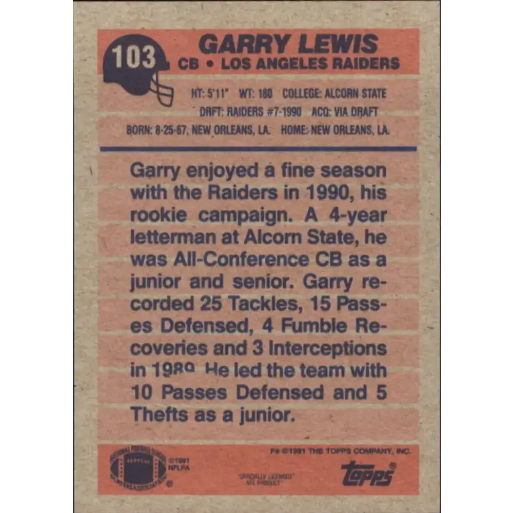 1991 Topps #103 Garry Lewis NM-MT Los Angeles Raiders Football Card - Football Card Single