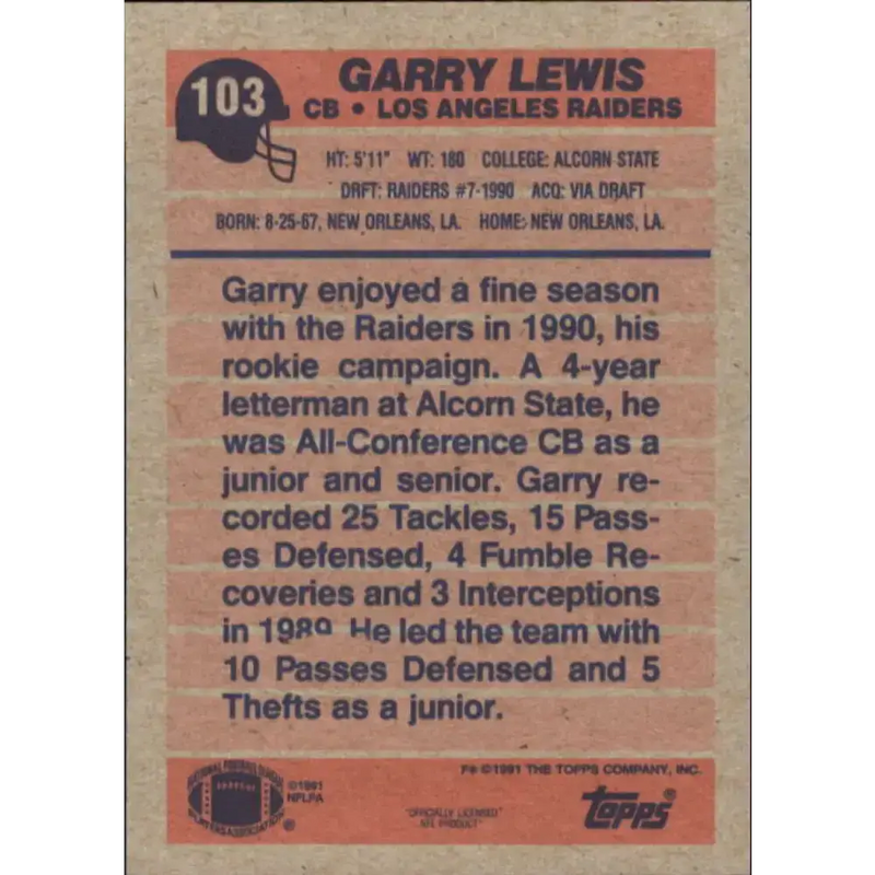1991 Topps #103 Garry Lewis NM-MT Los Angeles Raiders Football Card - Football Card Single