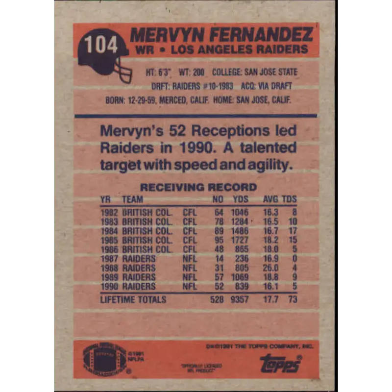 1991 Topps #104 Mervyn Fernandez NM-MT Los Angeles Raiders Football Card - Football Card Single