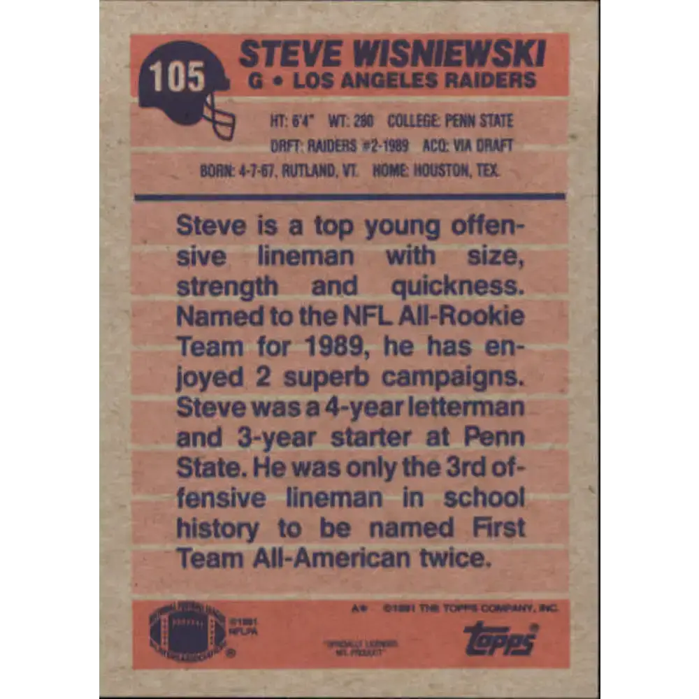 1991 Topps #105 Steve Wisniewski NM-MT Los Angeles Raiders Football Card - Football Card Single