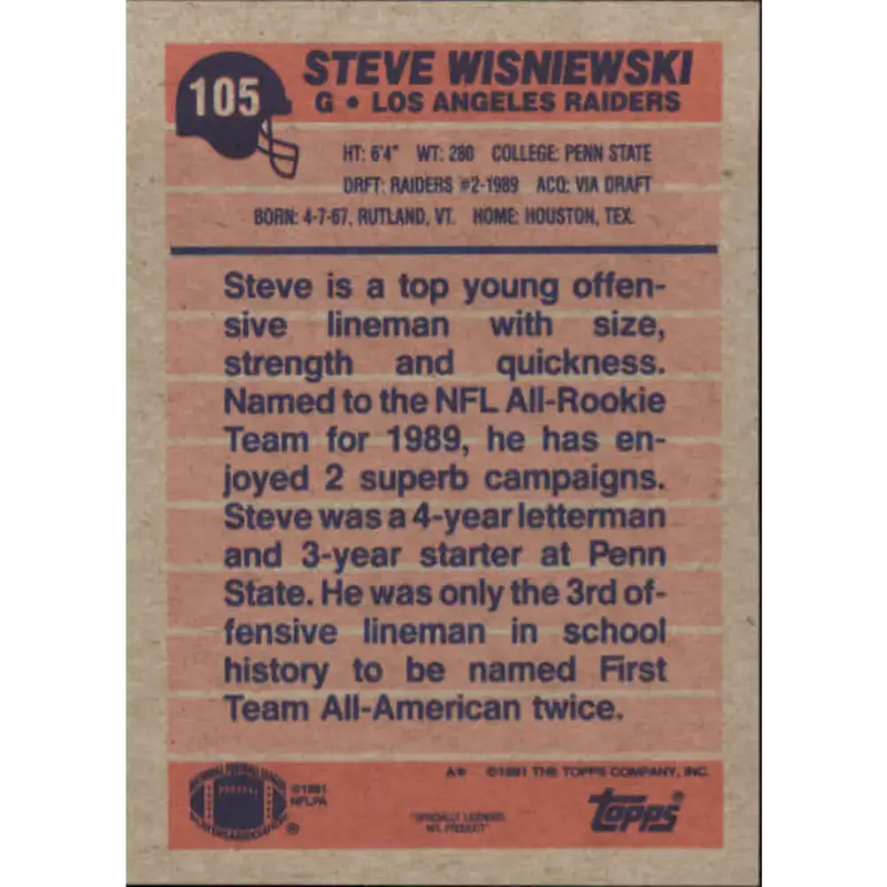 1991 Topps #105 Steve Wisniewski NM-MT Los Angeles Raiders Football Card - Football Card Single
