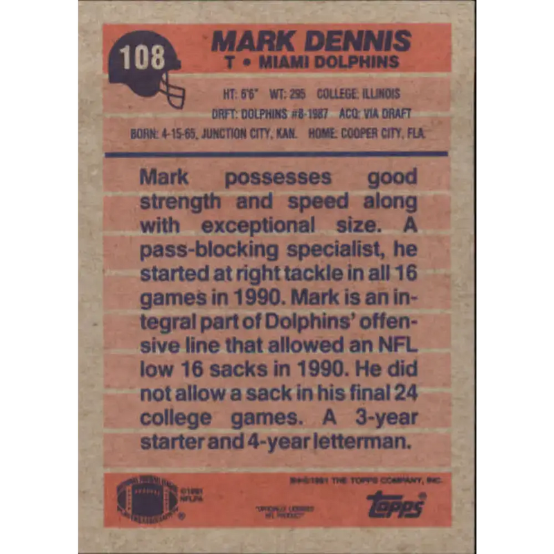 1991 Topps #108 Mark Dennis NM-MT RC Rookie Miami Dolphins Football Card
