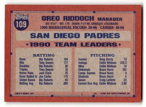 Baseball card back featuring original gloss of Greg Riddoch San Diego Padres card