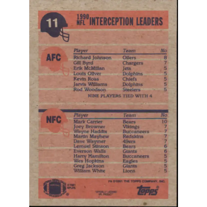 1991 Topps #11 Richard Johnson/Mark Carrier NM-MT Houston Oilers/Chicago Bears Football Card - Football Card Single