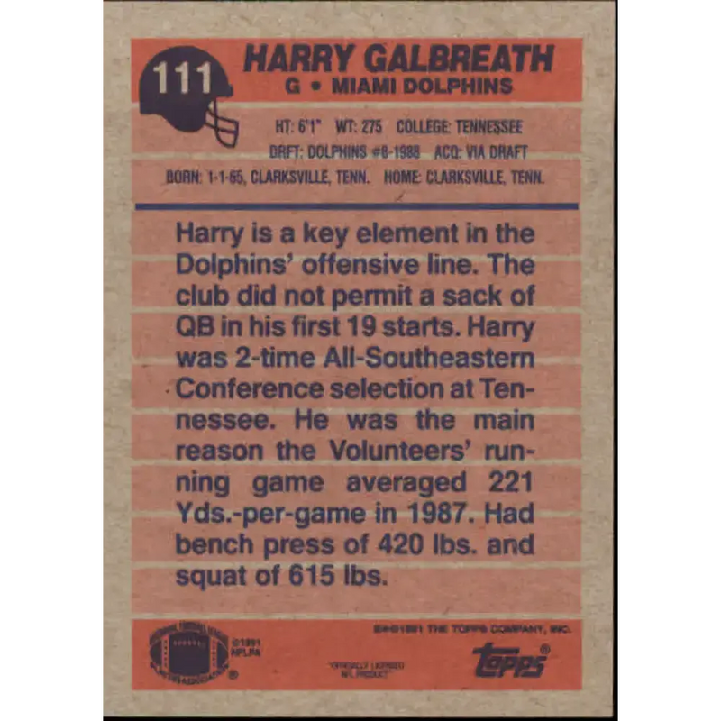 1991 Topps #111 Harry Galbreath NM-MT Miami Dolphins Football Card - Football Card Single