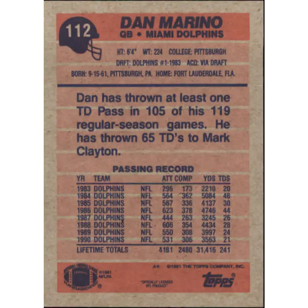 1991 Topps #112 Dan Marino NM-MT Miami Dolphins Football Card - Football Card Single