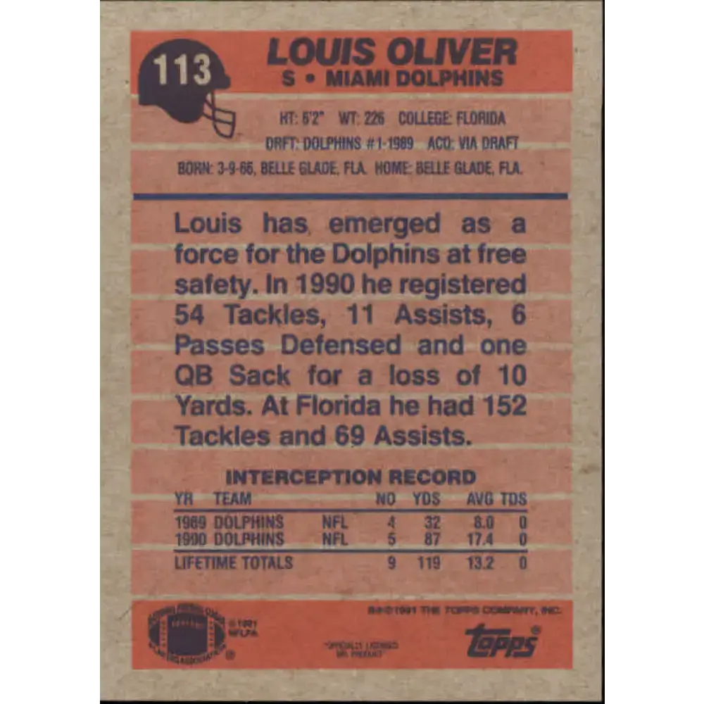 1991 Topps #113 Louis Oliver NM-MT Miami Dolphins Football Card - Football Card Single