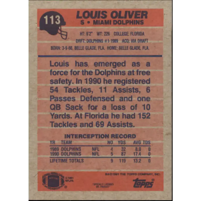 1991 Topps #113 Louis Oliver NM-MT Miami Dolphins Football Card - Football Card Single