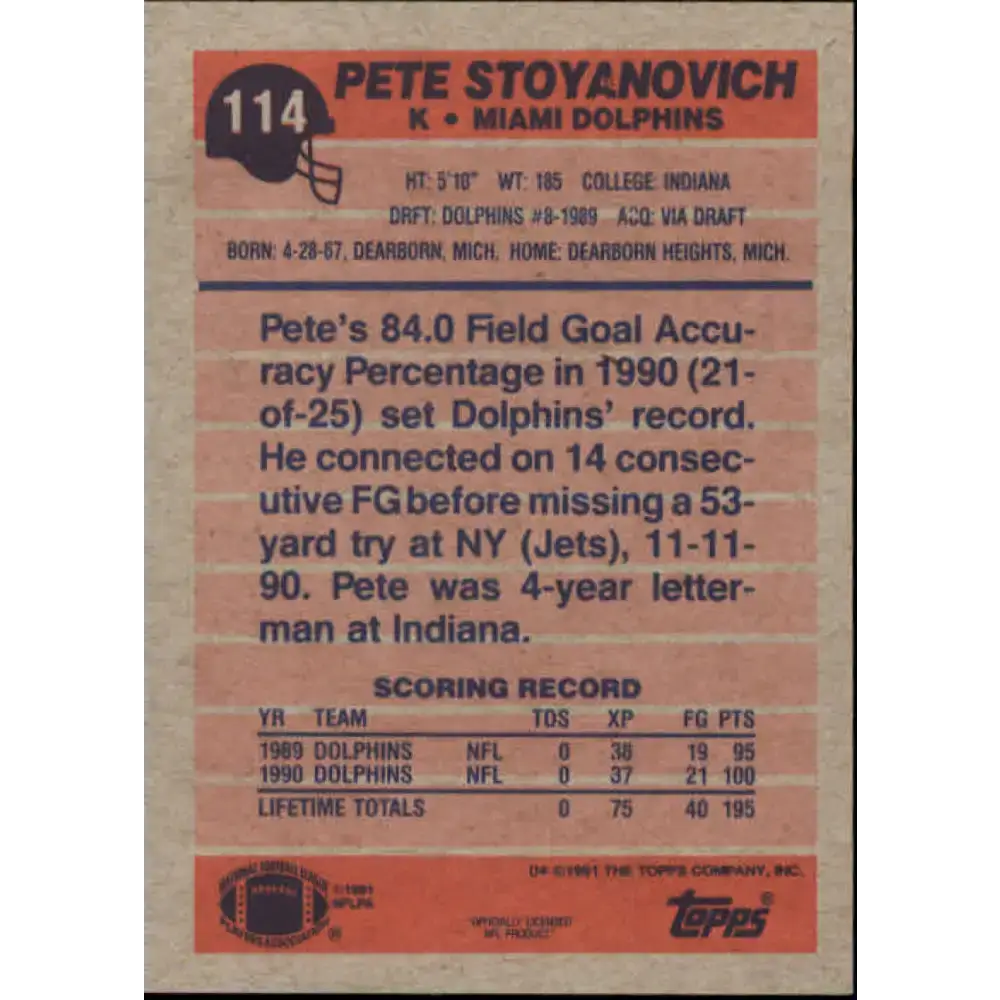 1991 Topps #114 Pete Stoyanovich NM-MT Miami Dolphins Football Card - Football Card Single