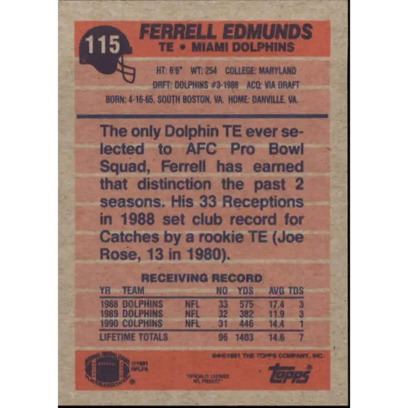 1991 Topps #115 Ferrell Edmunds NM-MT Miami Dolphins Football Card - Football Card Single