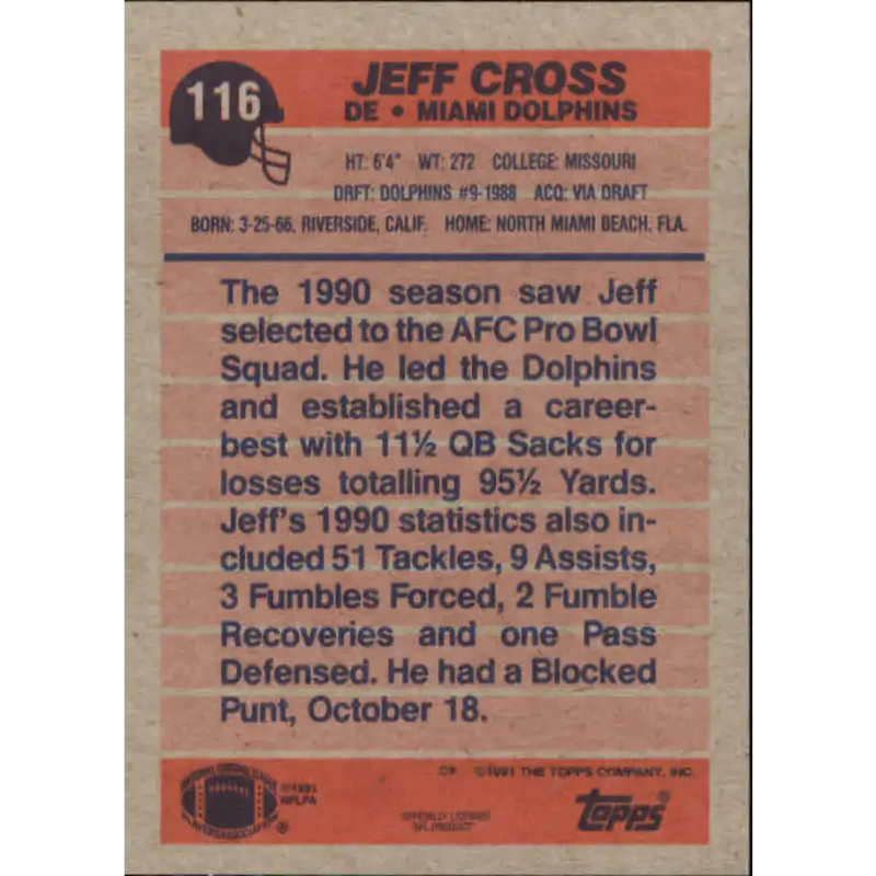 1991 Topps #116 Jeff Cross NM-MT Miami Dolphins Football Card - Football Card Single