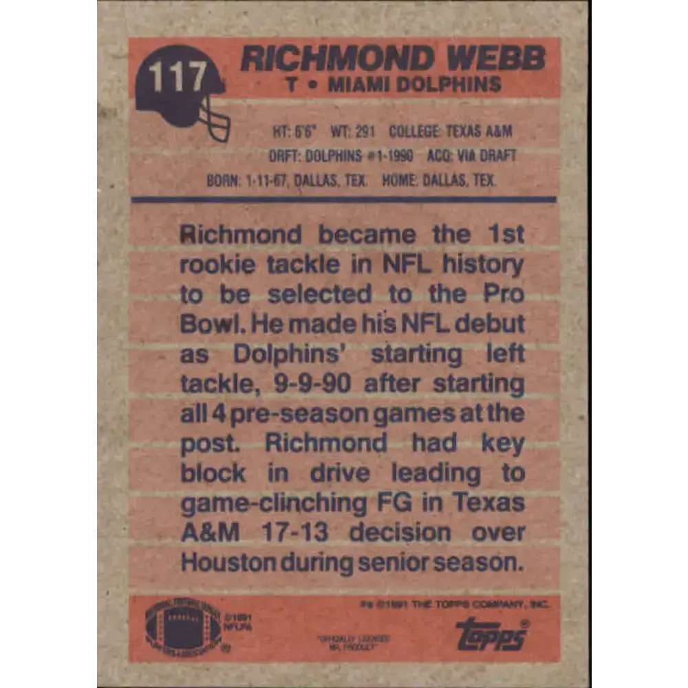 1991 Topps #117 Richmond Webb NM-MT RC Rookie Miami Dolphins Football Card - Football Card Single