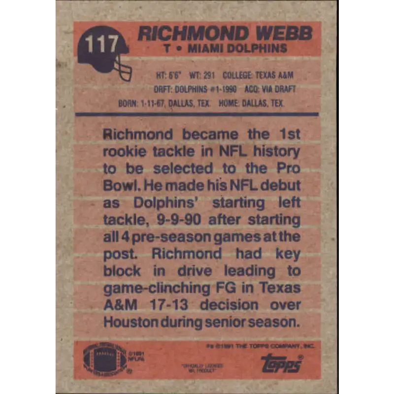 1991 Topps #117 Richmond Webb NM-MT RC Rookie Miami Dolphins Football Card - Football Card Single