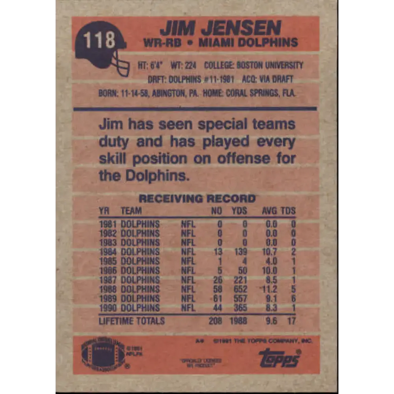 1991 Topps #118 Jim Jensen NM-MT Miami Dolphins Football Card - Football Card Single