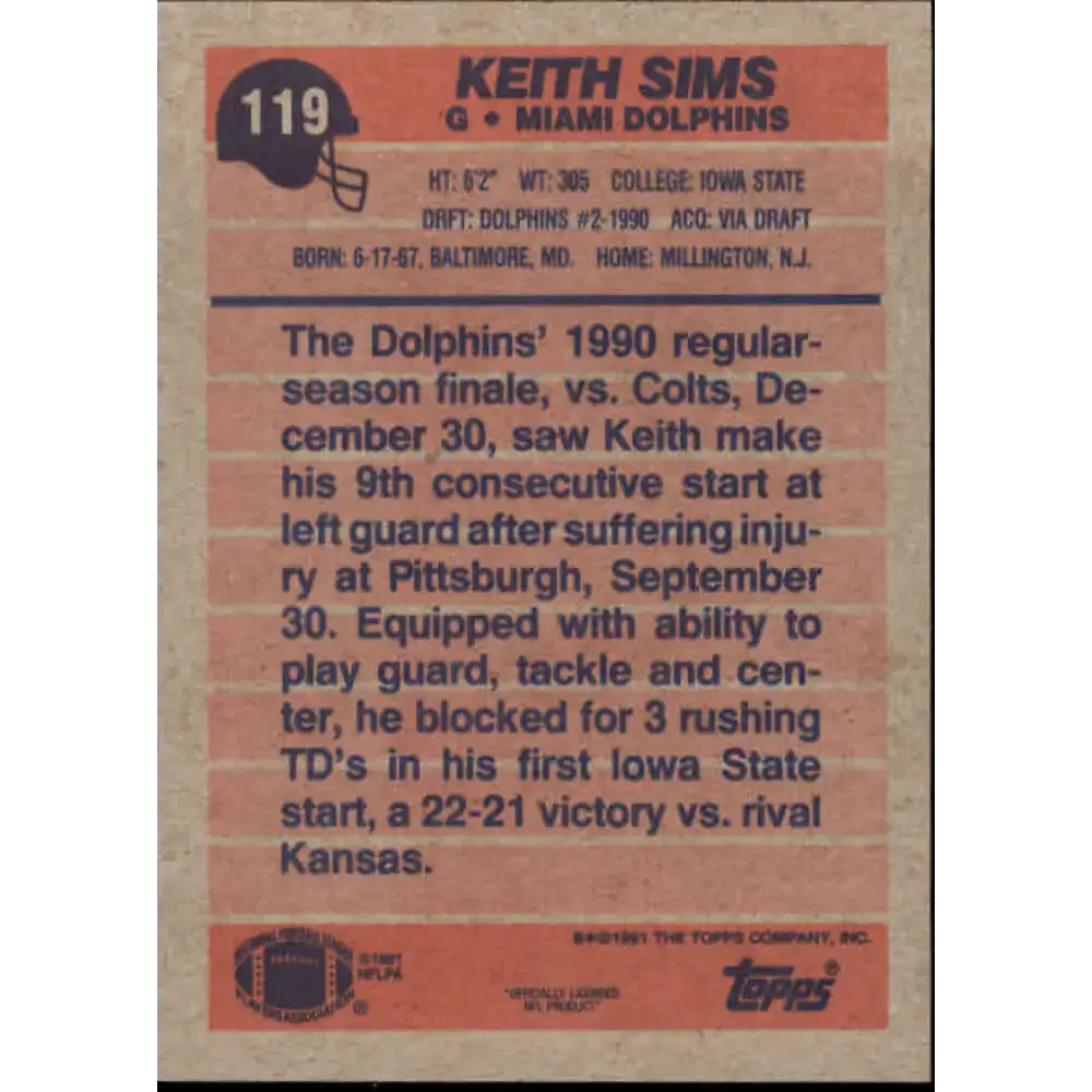 1991 Topps #119 Keith Sims NM-MT RC Rookie Miami Dolphins Football Card - Football Card Single