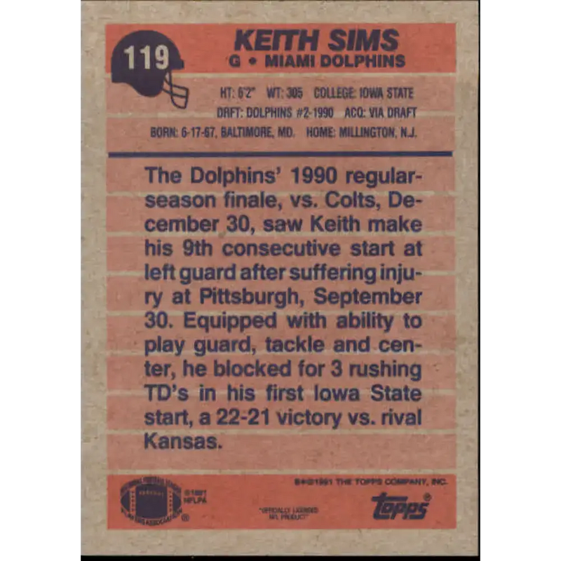 1991 Topps #119 Keith Sims NM-MT RC Rookie Miami Dolphins Football Card - Football Card Single