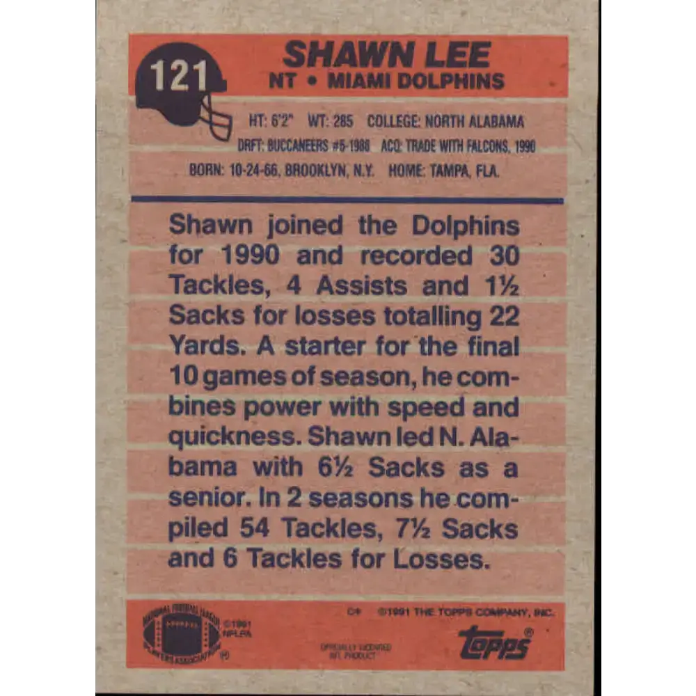 1991 Topps #121 Shawn Lee NM-MT RC Rookie Miami Dolphins Football Card - Football Card Single