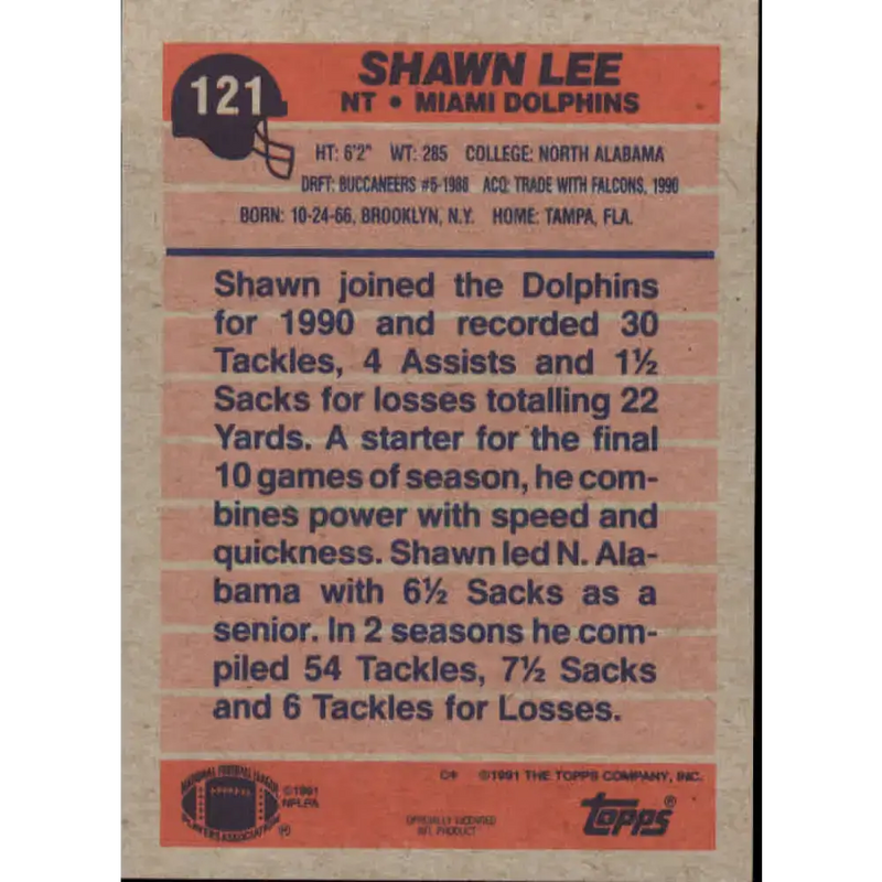 1991 Topps #121 Shawn Lee NM-MT RC Rookie Miami Dolphins Football Card - Football Card Single
