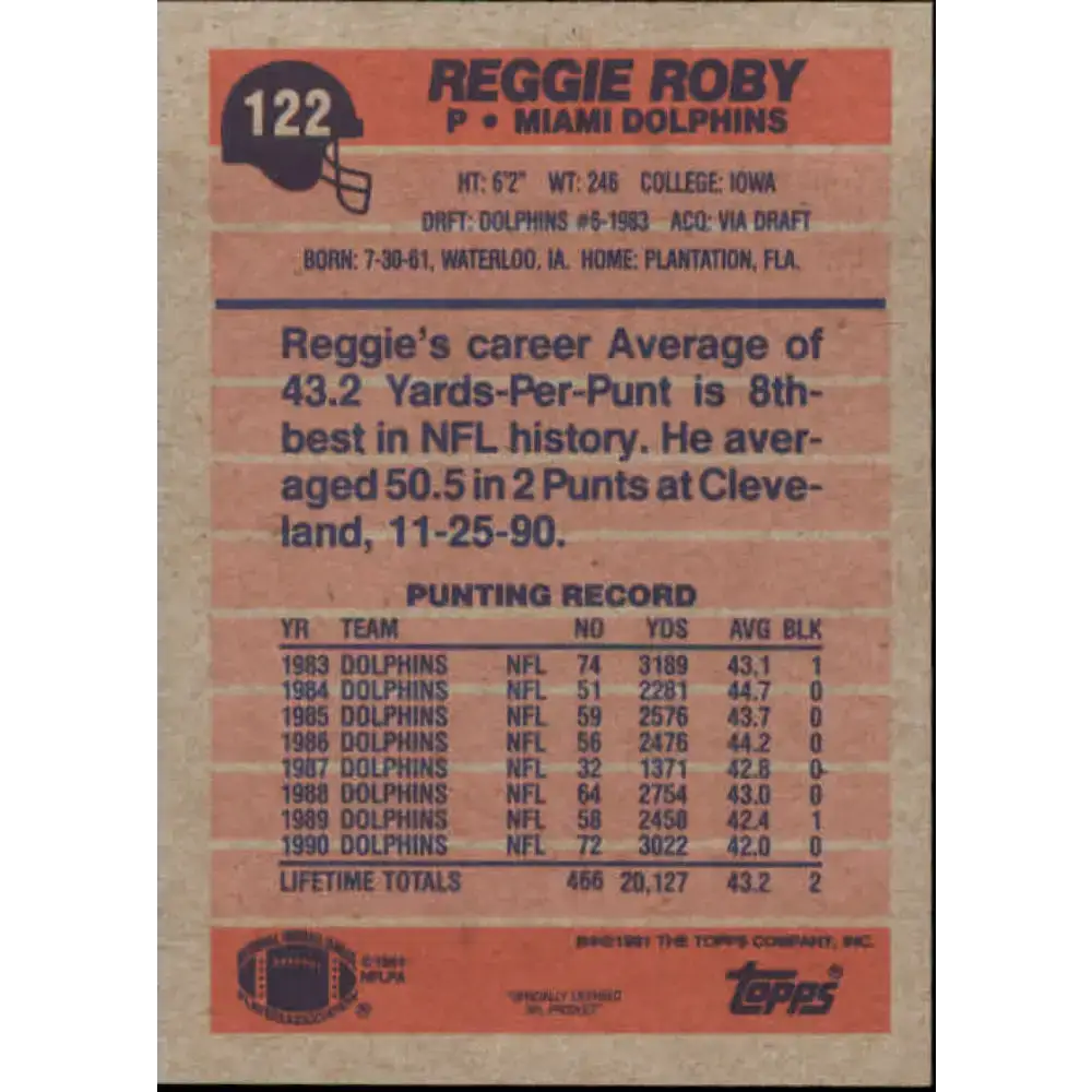 1991 Topps #122 Reggie Roby NM-MT Miami Dolphins Football Card - Football Card Single