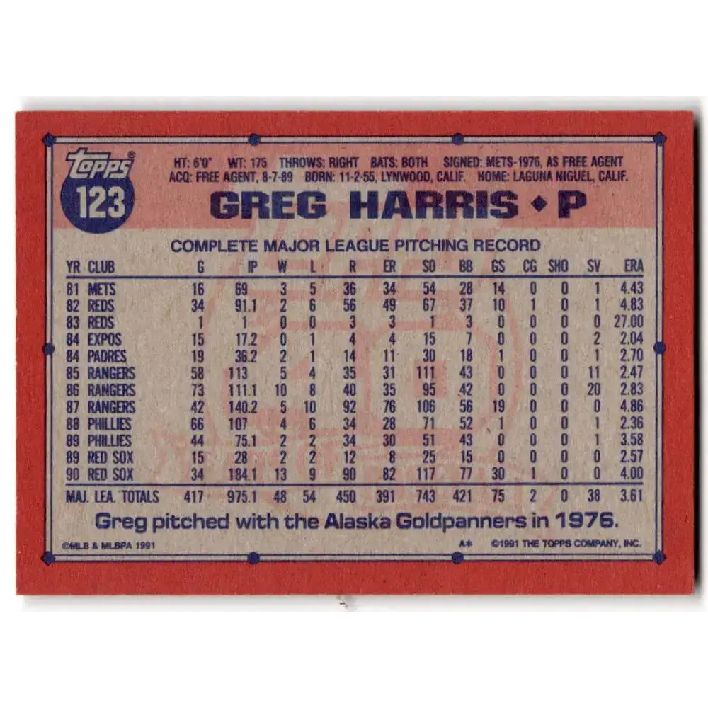 1991 Topps #123 Greg Harris NM-MT Boston Red Sox Baseball Card - Baseball Card Single